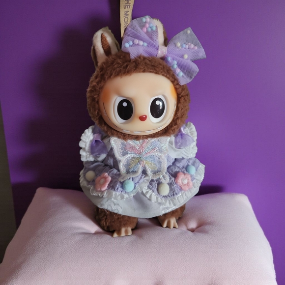 Adorable Purple Dress With Colorful Flowers And Butterfly Matching Bow For 6.69" - Picture 1 of 9